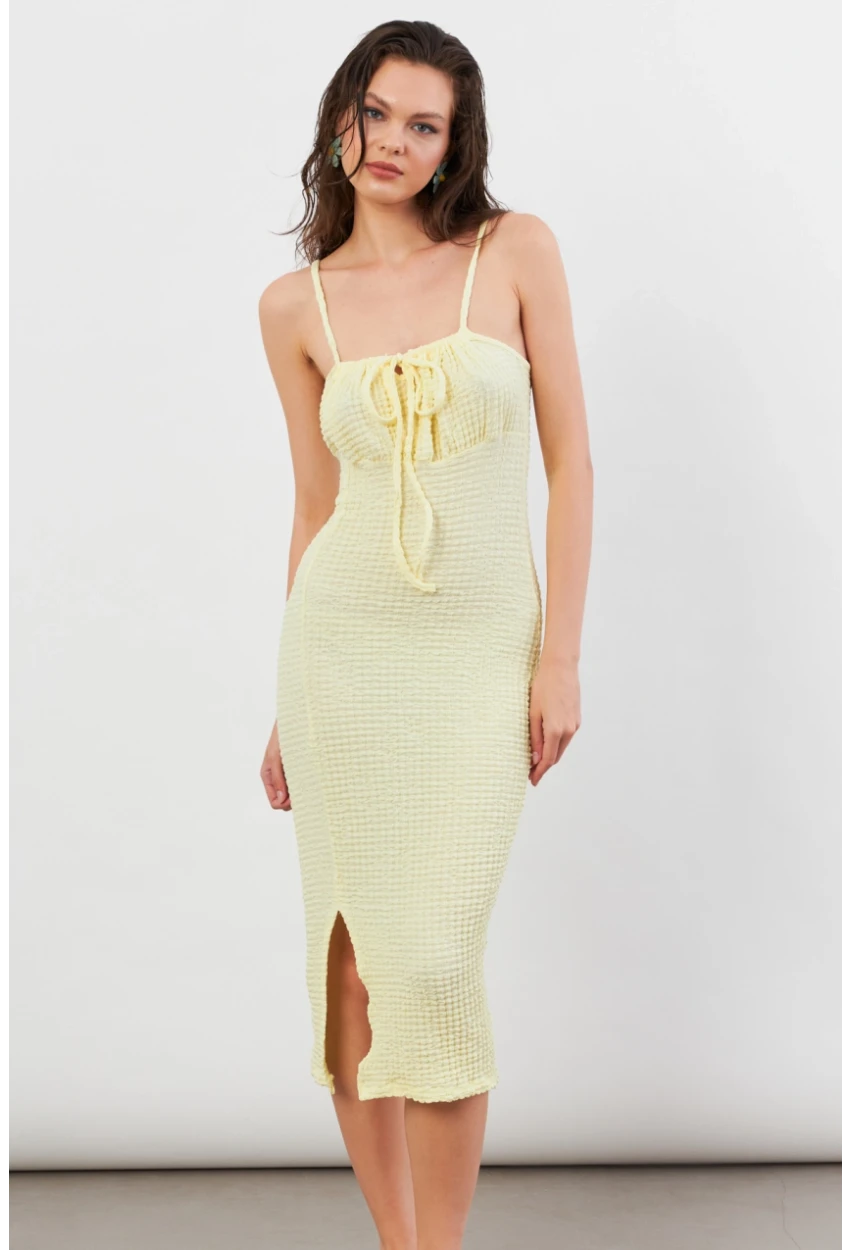 Kadın Sarı Önü Bağlamalı Rustik Midi Elbise FRO2001