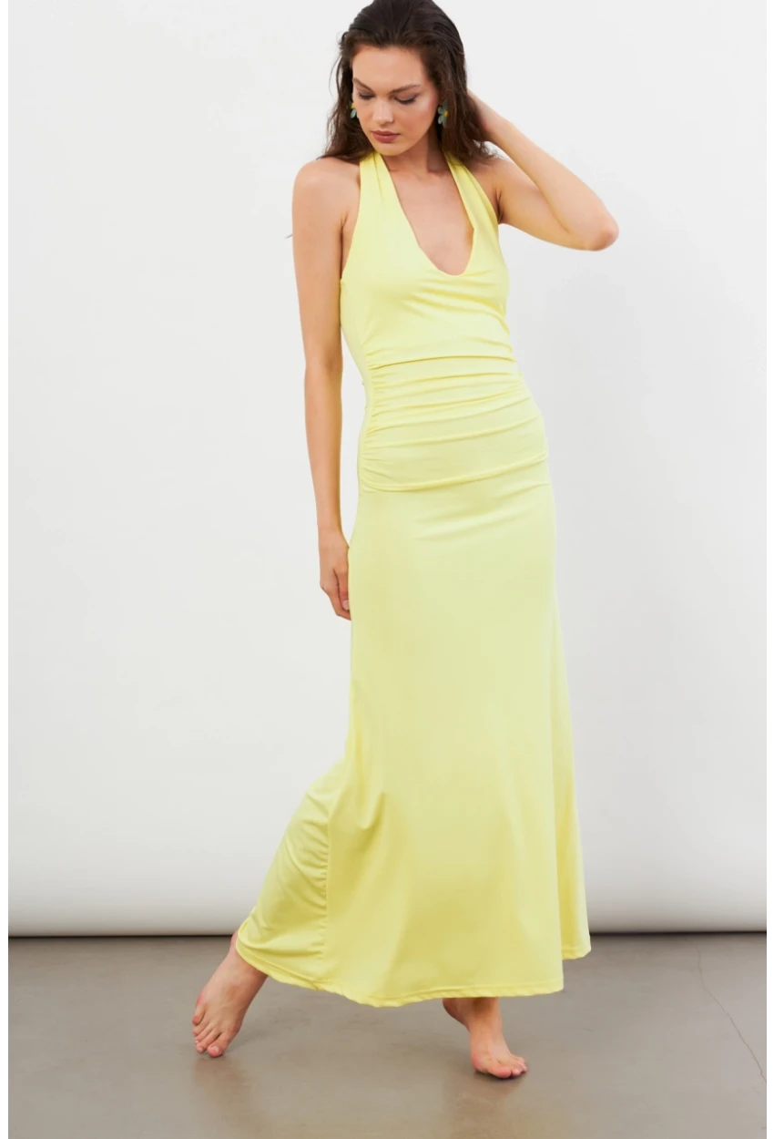 Kadın Sarı Sırtı Açık Boyun Bağlamalı Maxi Elbise DCF061
