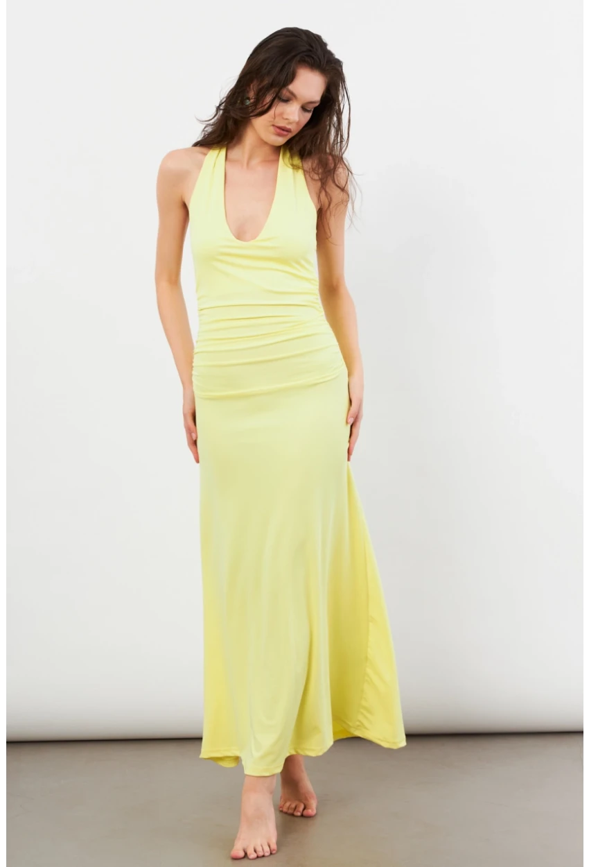Kadın Sarı Sırtı Açık Boyun Bağlamalı Maxi Elbise DCF061