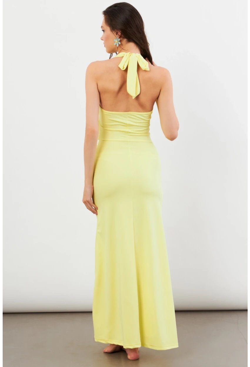 Kadın Sarı Sırtı Açık Boyun Bağlamalı Maxi Elbise DCF061