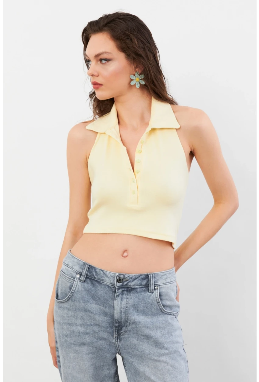 Kadın Sarı Sırtı Açık Düğmeli Bluz LPP1246-90