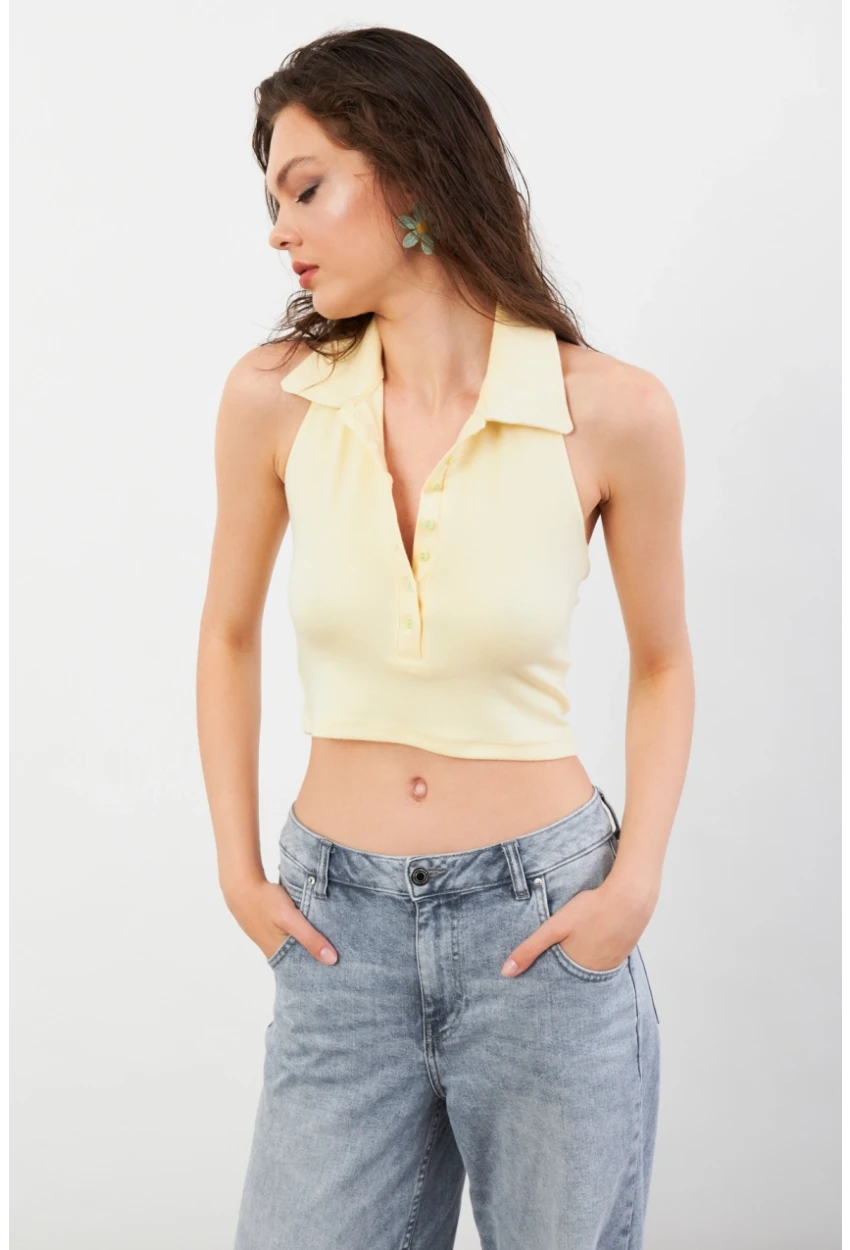 Kadın Sarı Sırtı Açık Düğmeli Bluz LPP1246-90