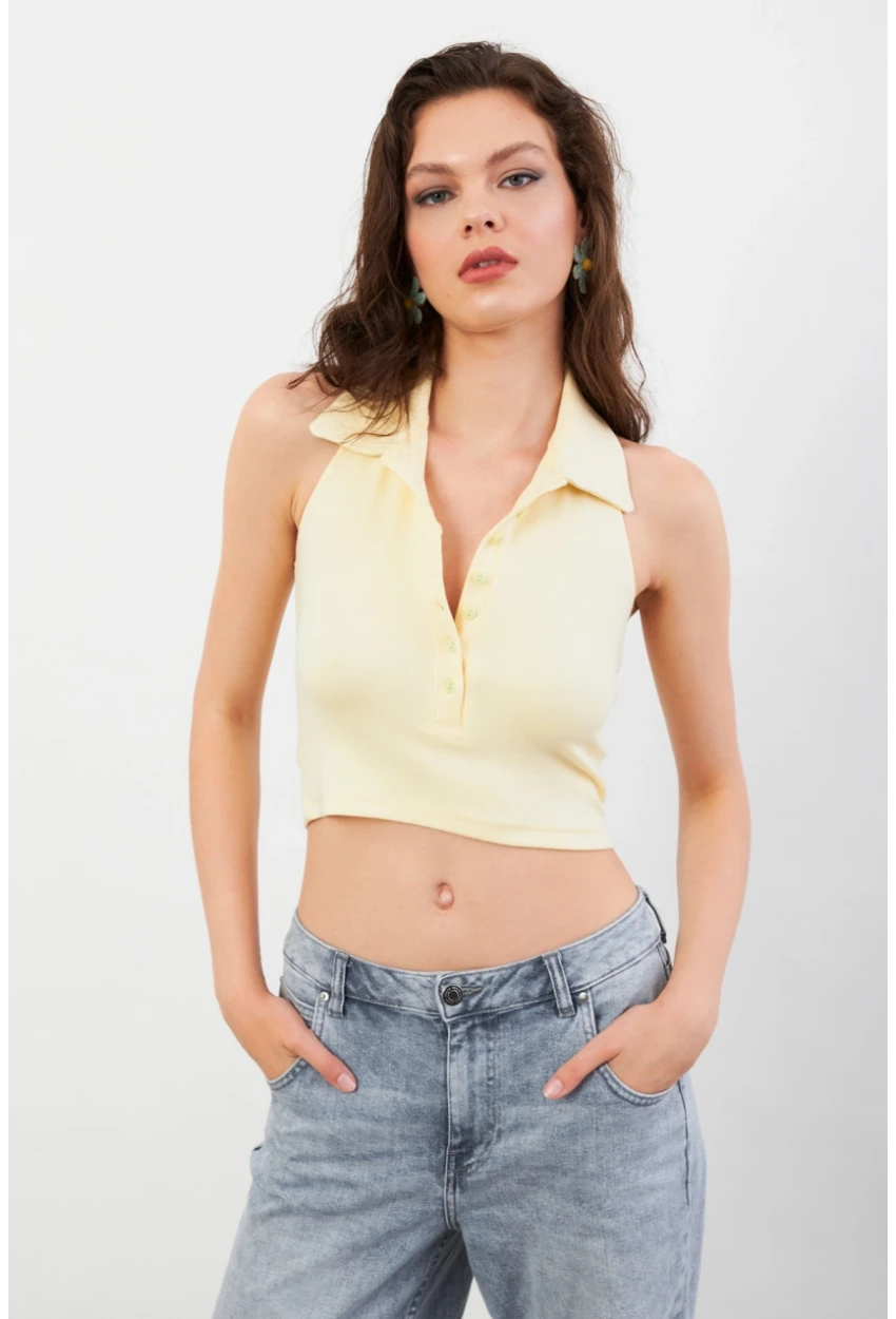 Kadın Sarı Sırtı Açık Düğmeli Bluz LPP1246-90