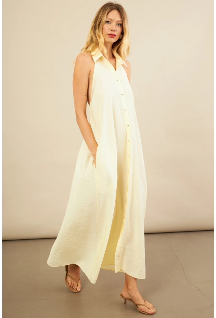 Kadın Sarı Sırtı Açık Maxi Gömlek Elbise ELN3132