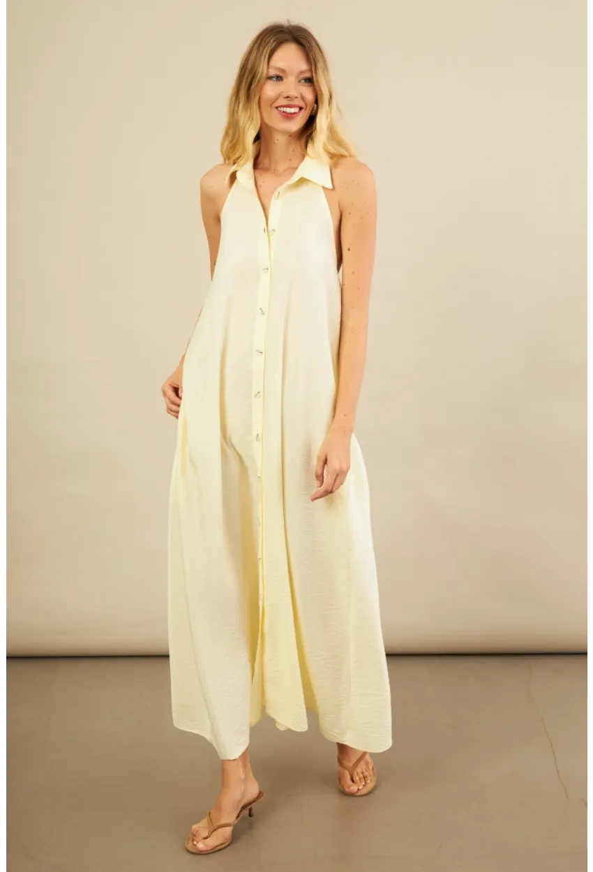 Kadın Sarı Sırtı Açık Maxi Gömlek Elbise ELN3132