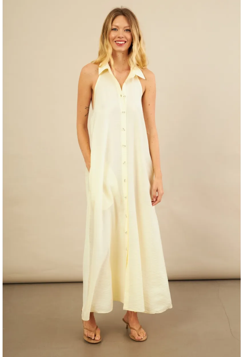 Kadın Sarı Sırtı Açık Maxi Gömlek Elbise ELN3132