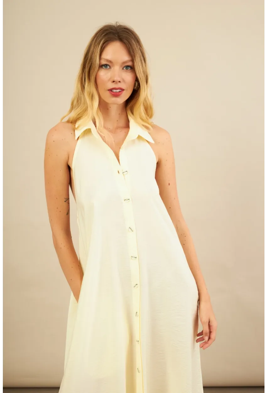 Kadın Sarı Sırtı Açık Maxi Gömlek Elbise ELN3132
