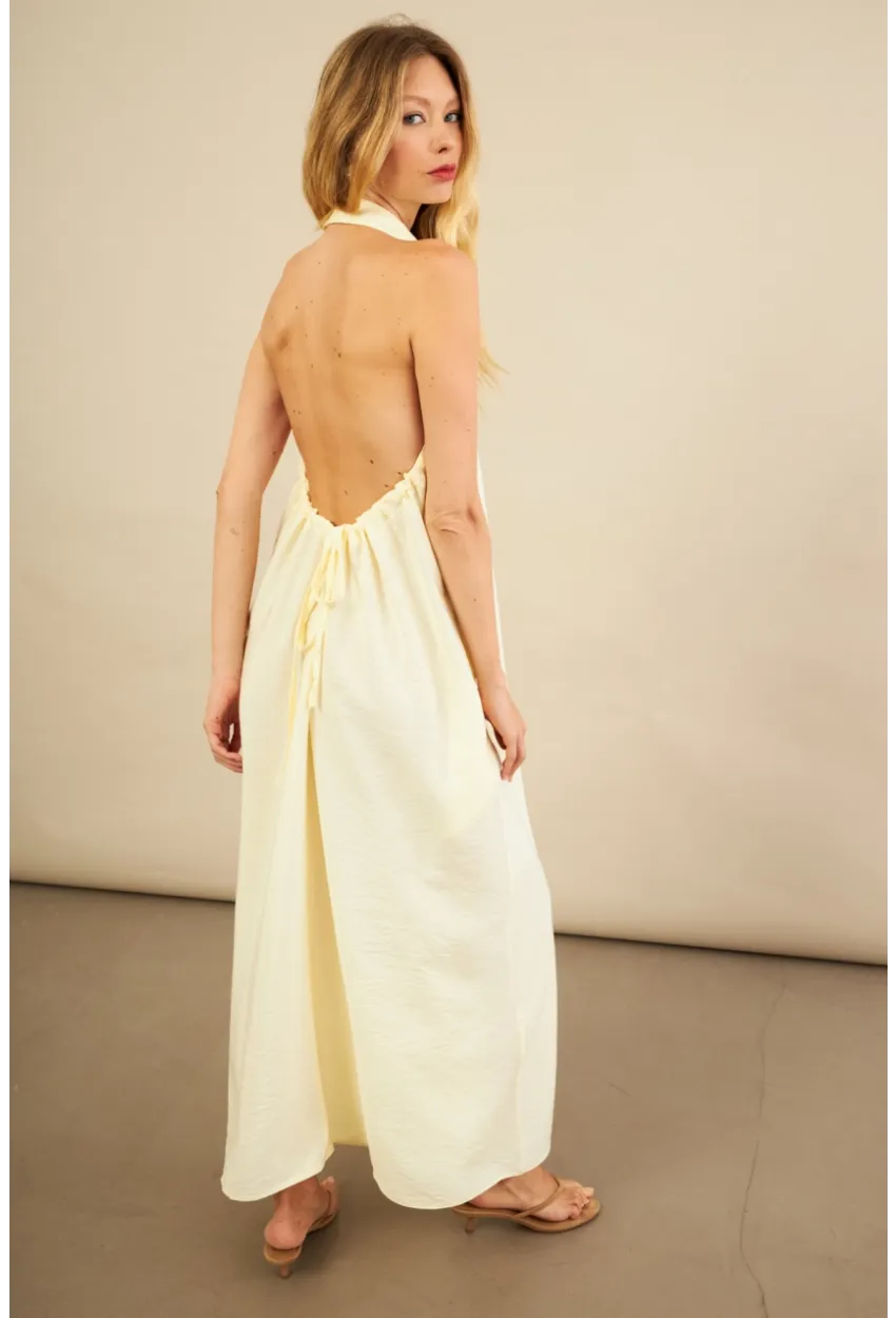 Kadın Sarı Sırtı Açık Maxi Gömlek Elbise ELN3132