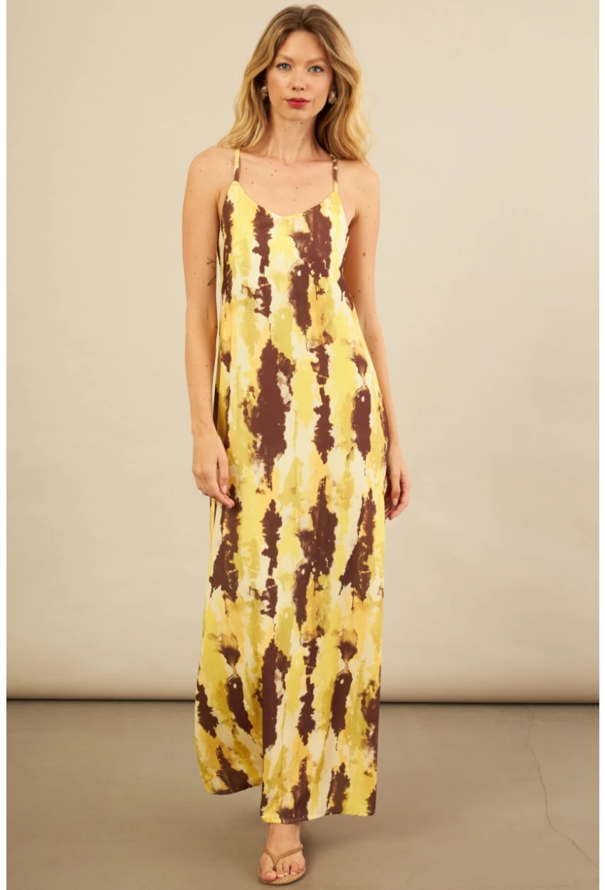 Kadın Sarı Sırtı Çapraz Desenli Maxi Elbise KZ1528