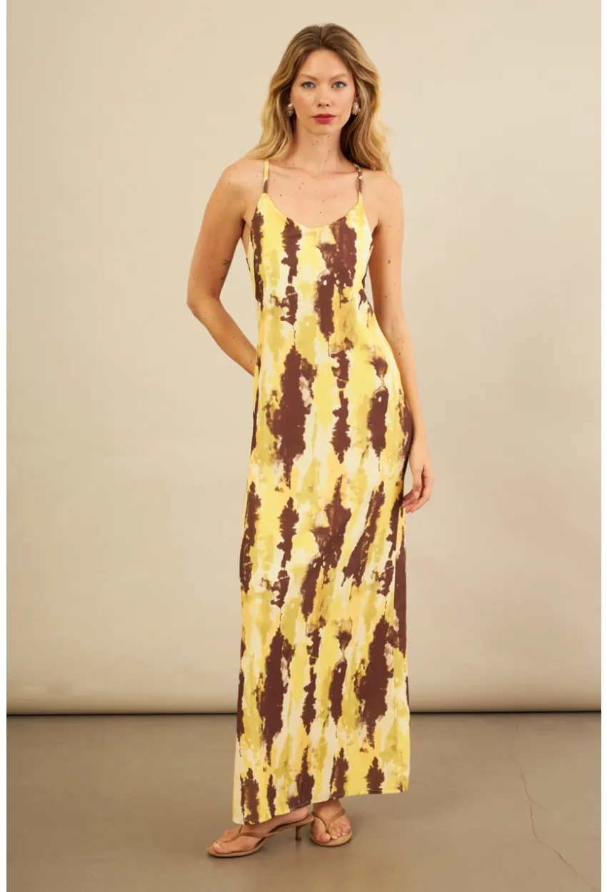Kadın Sarı Sırtı Çapraz Desenli Maxi Elbise KZ1528