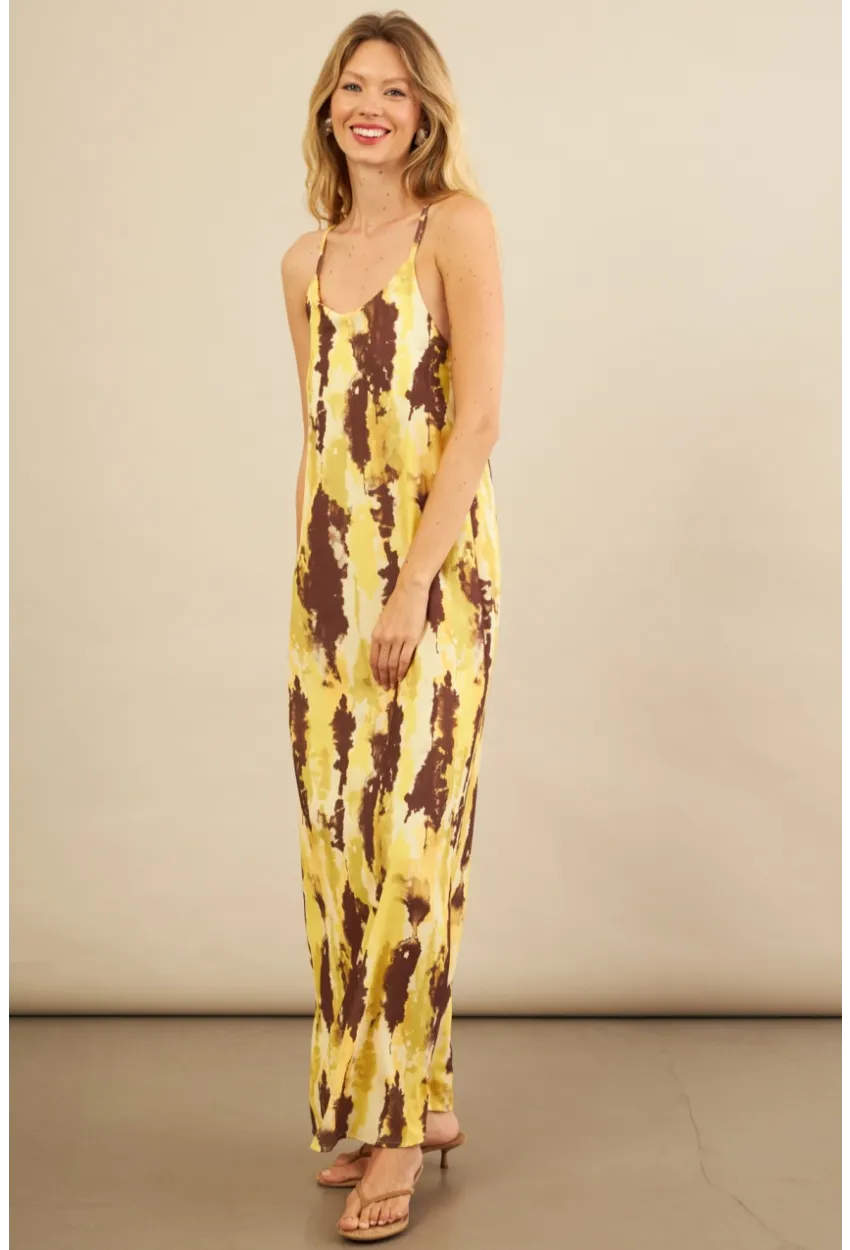 Kadın Sarı Sırtı Çapraz Desenli Maxi Elbise KZ1528