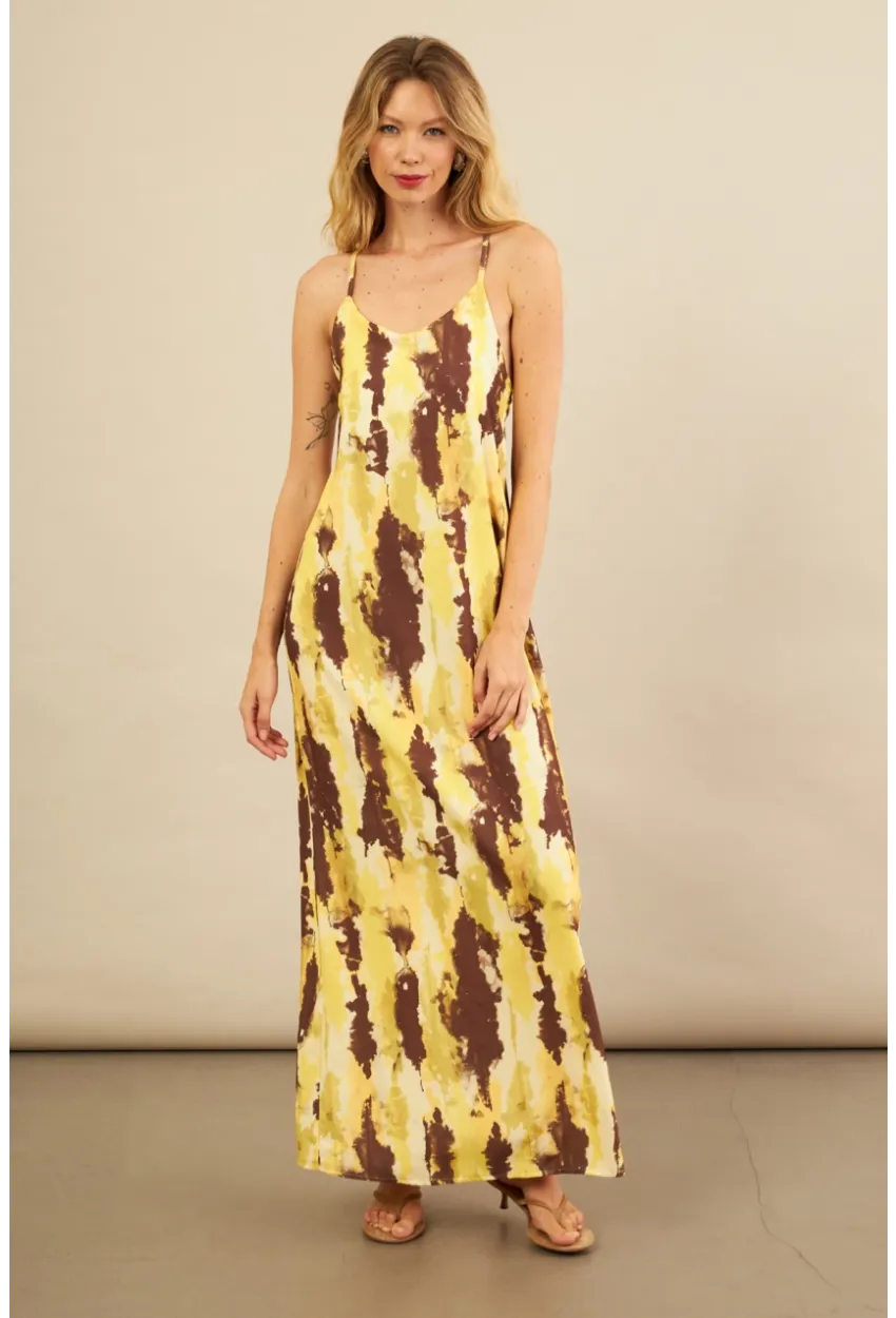 Kadın Sarı Sırtı Çapraz Desenli Maxi Elbise KZ1528