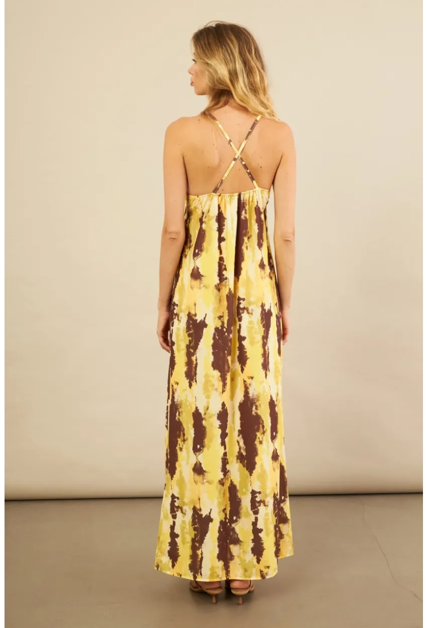 Kadın Sarı Sırtı Çapraz Desenli Maxi Elbise KZ1528