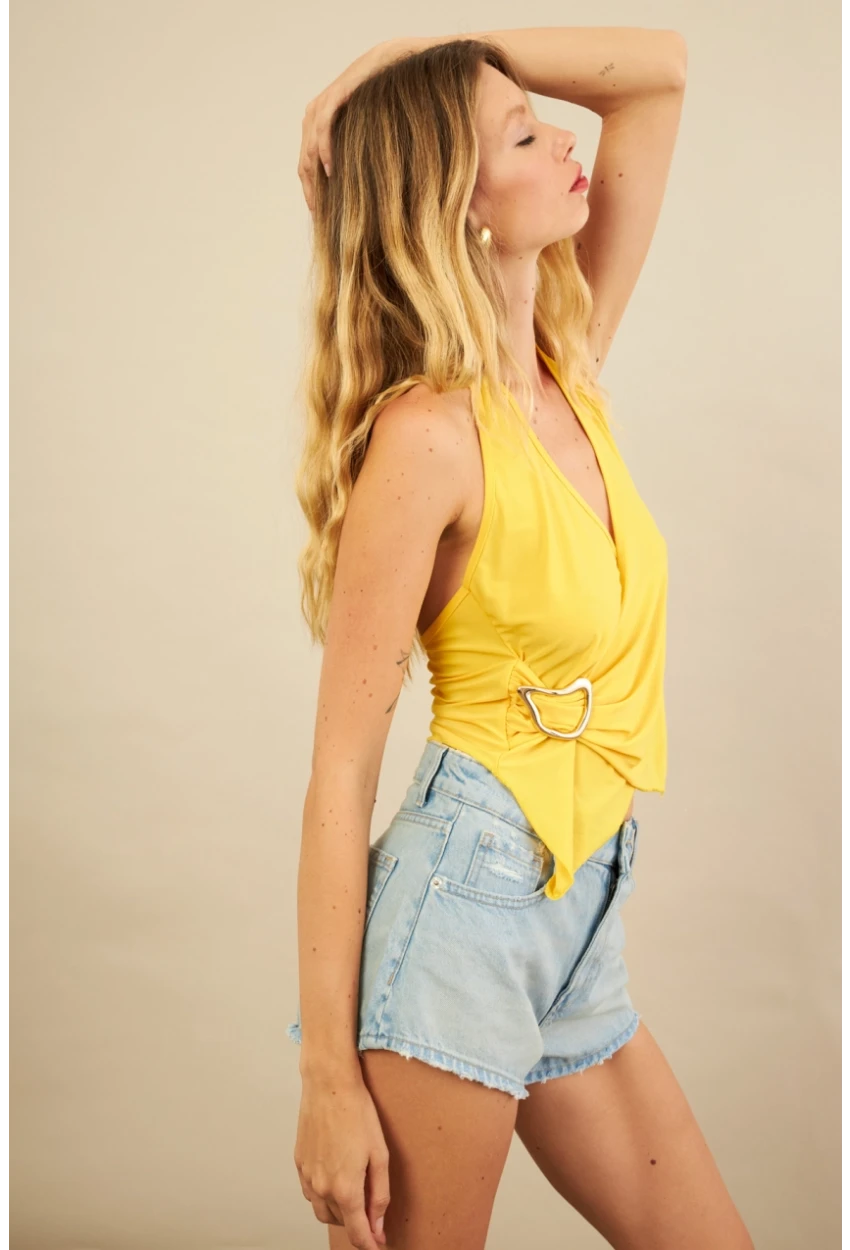 Kadın Sarı Tokalı Asimetrik Crop Bluz AN8134