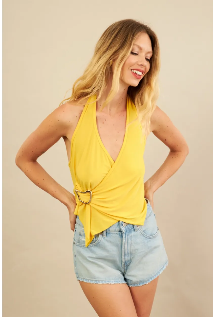 Kadın Sarı Tokalı Asimetrik Crop Bluz AN8134