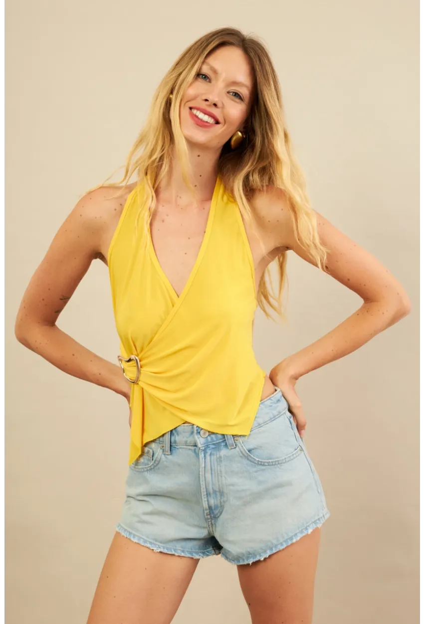 Kadın Sarı Tokalı Asimetrik Crop Bluz AN8134