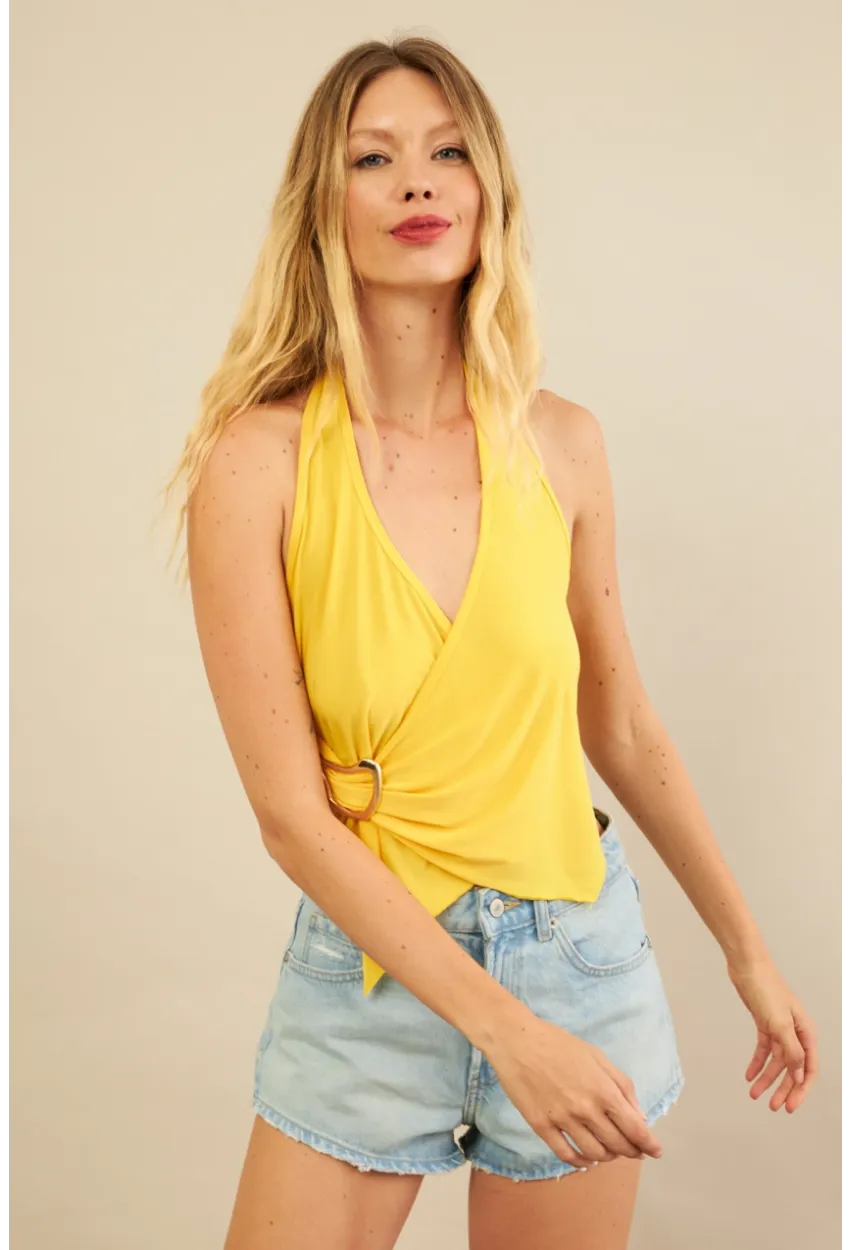 Kadın Sarı Tokalı Asimetrik Crop Bluz AN8134