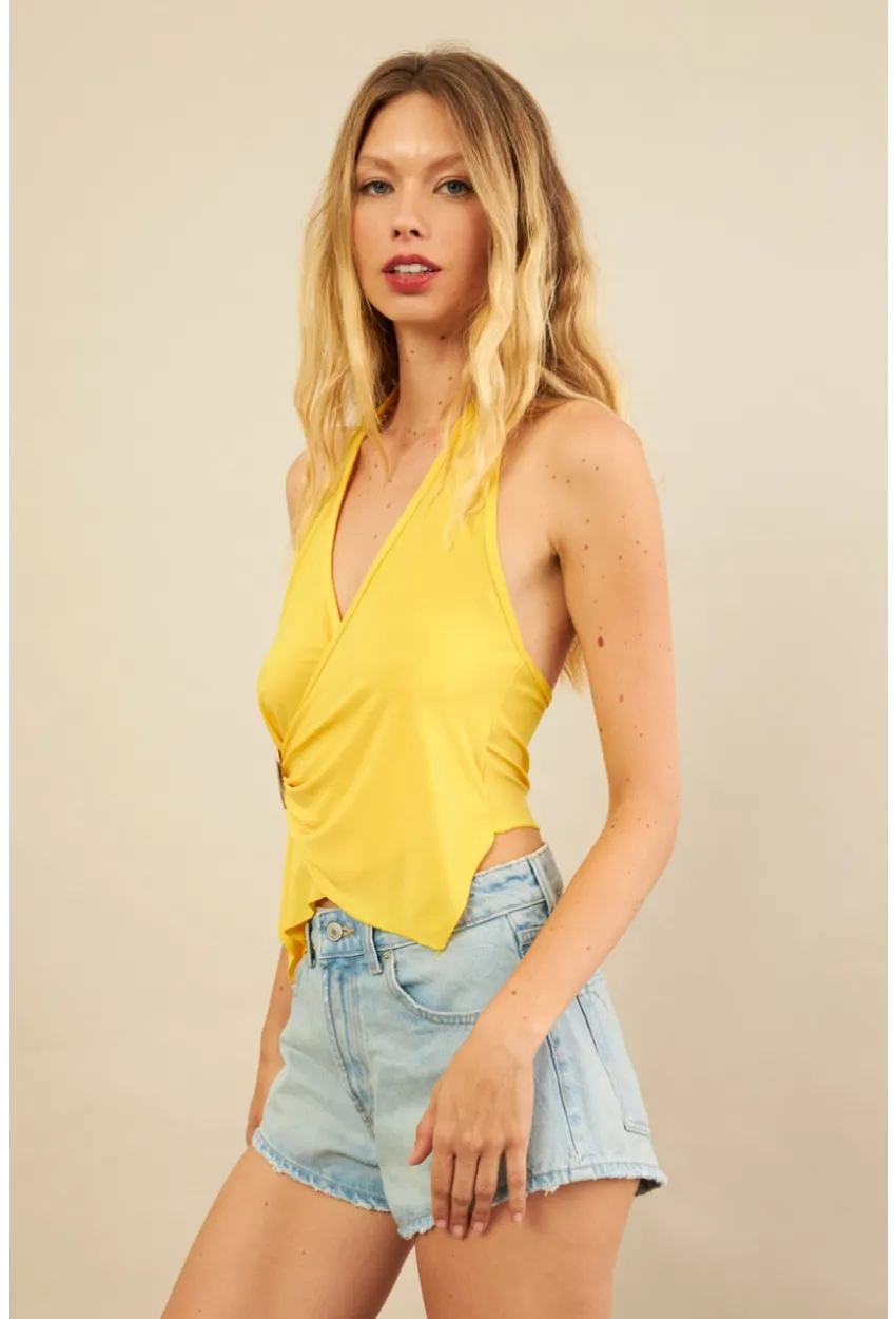 Kadın Sarı Tokalı Asimetrik Crop Bluz AN8134