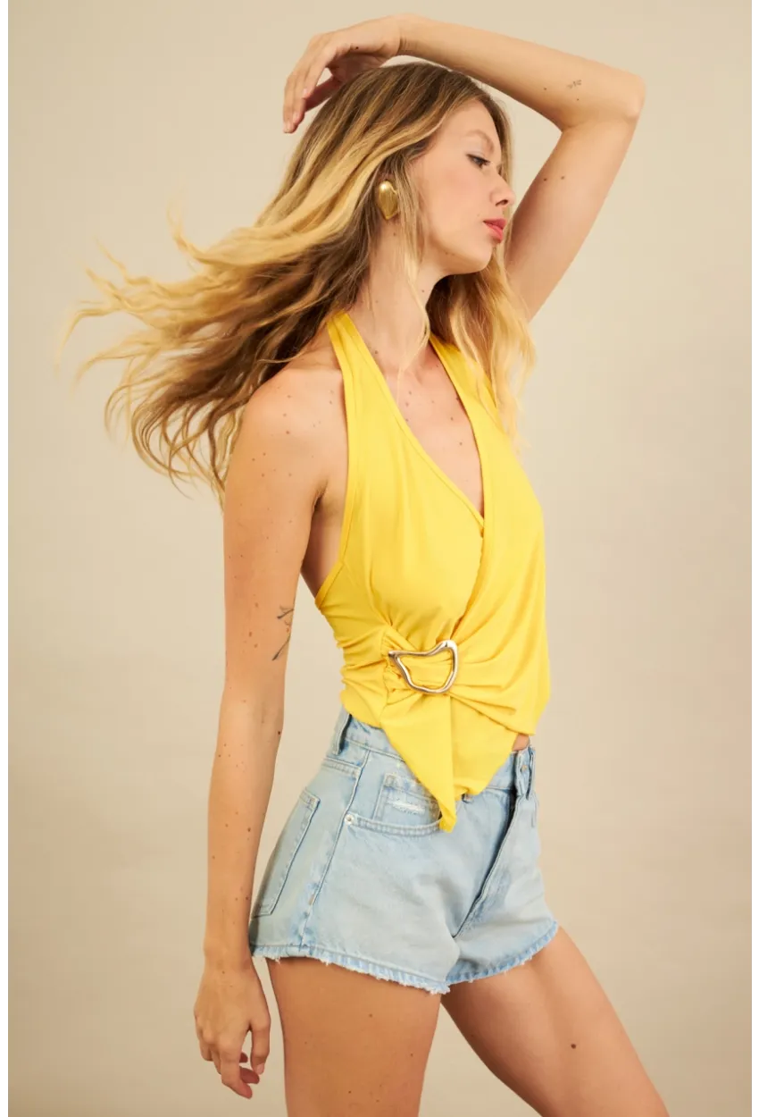 Kadın Sarı Tokalı Asimetrik Crop Bluz AN8134