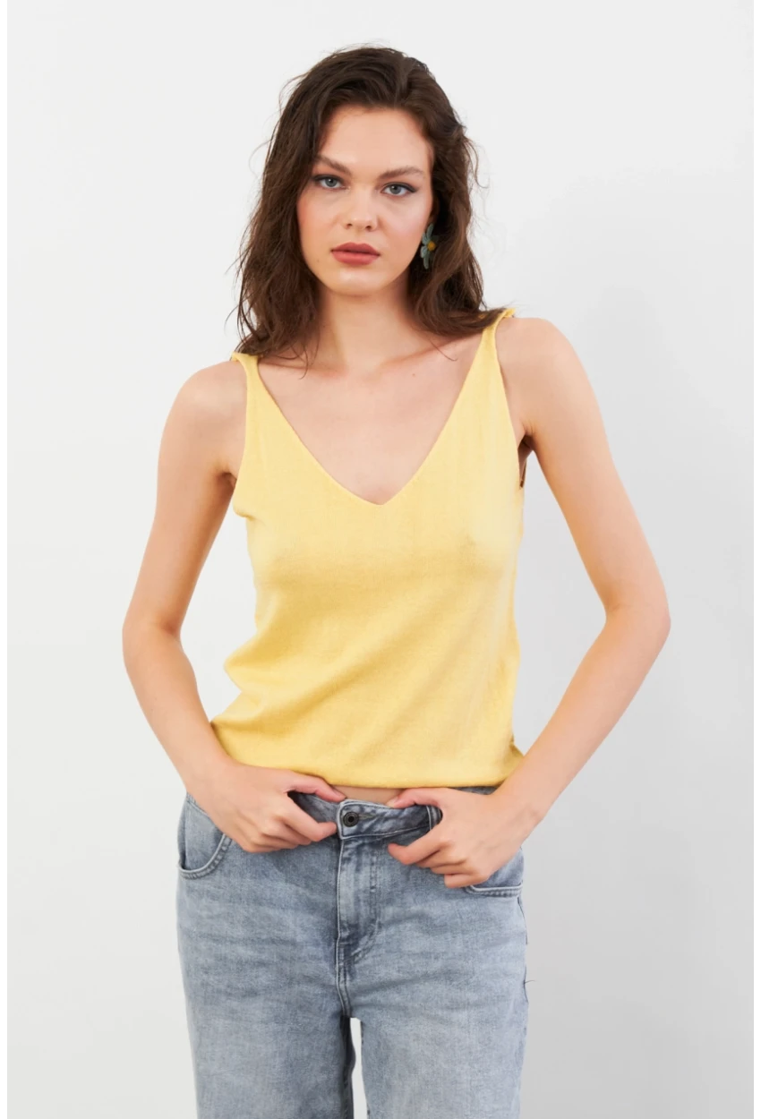 Kadın Sarı V Yaka Triko Bluz KZ546