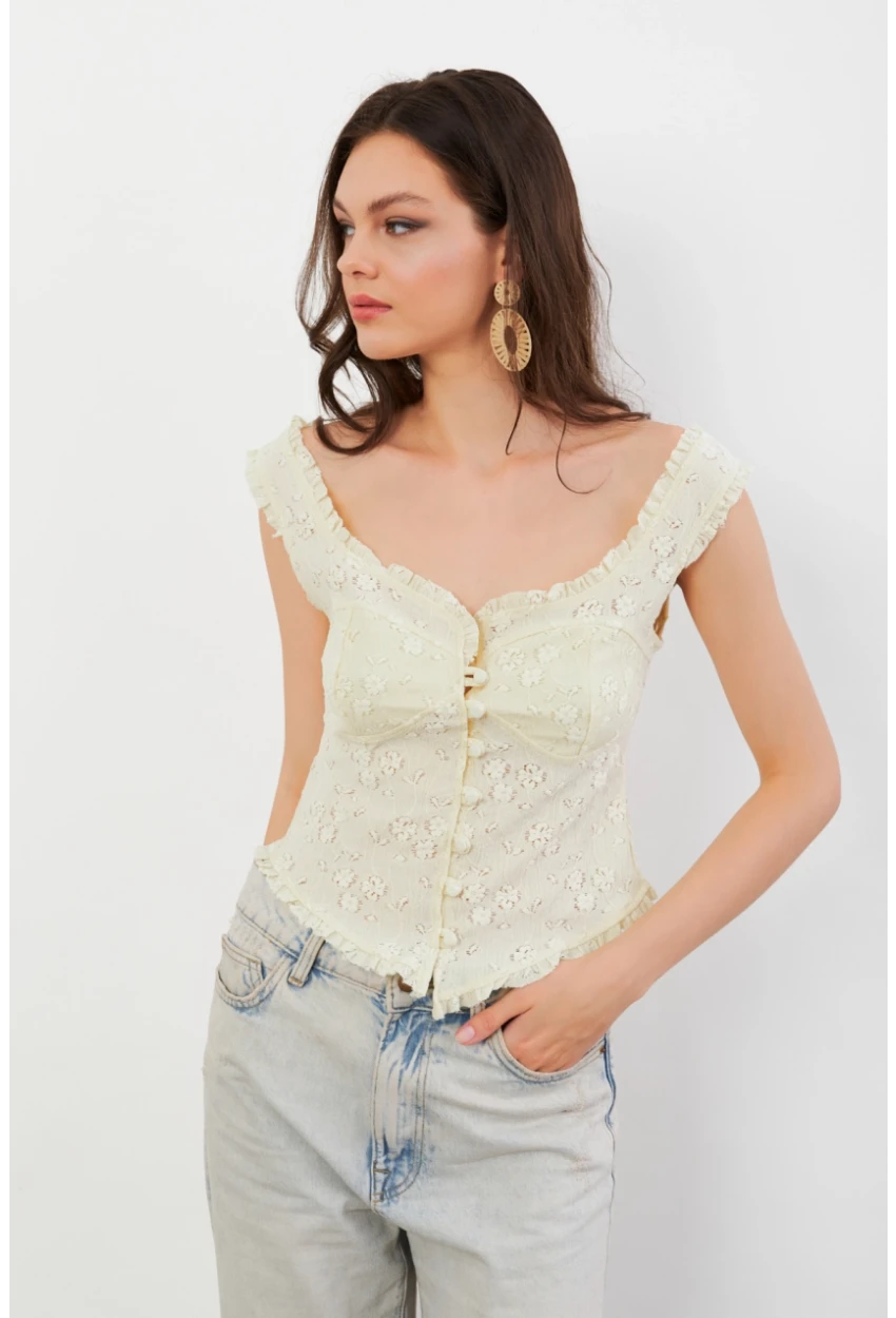 Kadın Sarı Volanlı Düğmeli Bluz KED7324