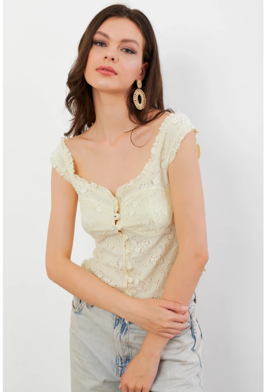 Kadın Sarı Volanlı Düğmeli Bluz KED7324