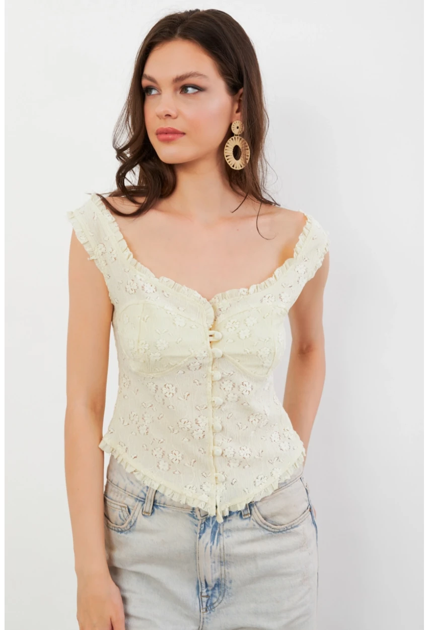 Kadın Sarı Volanlı Düğmeli Bluz KED7324