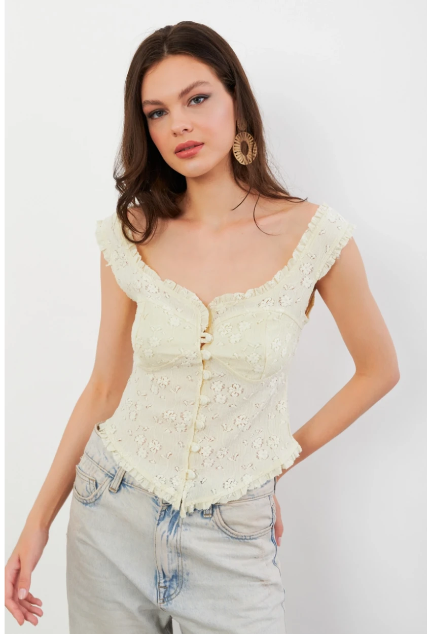 Kadın Sarı Volanlı Düğmeli Bluz KED7324