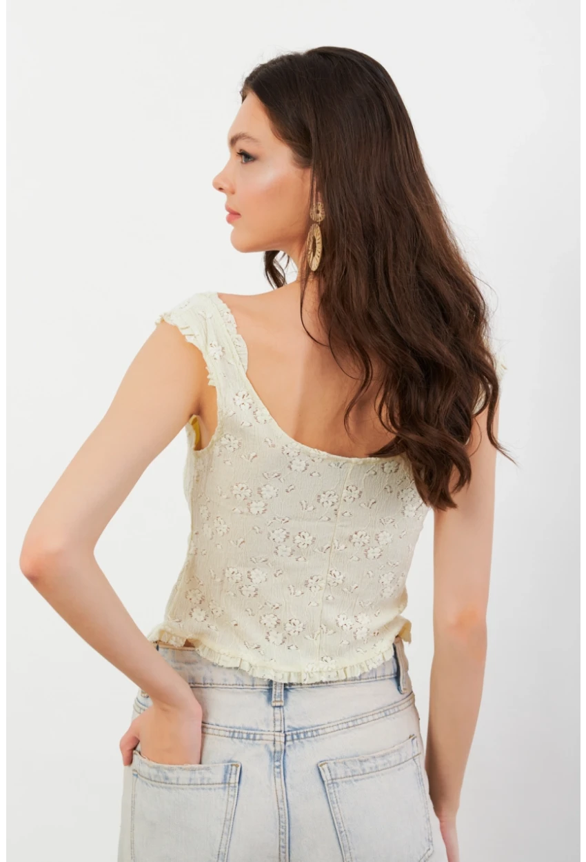 Kadın Sarı Volanlı Düğmeli Bluz KED7324