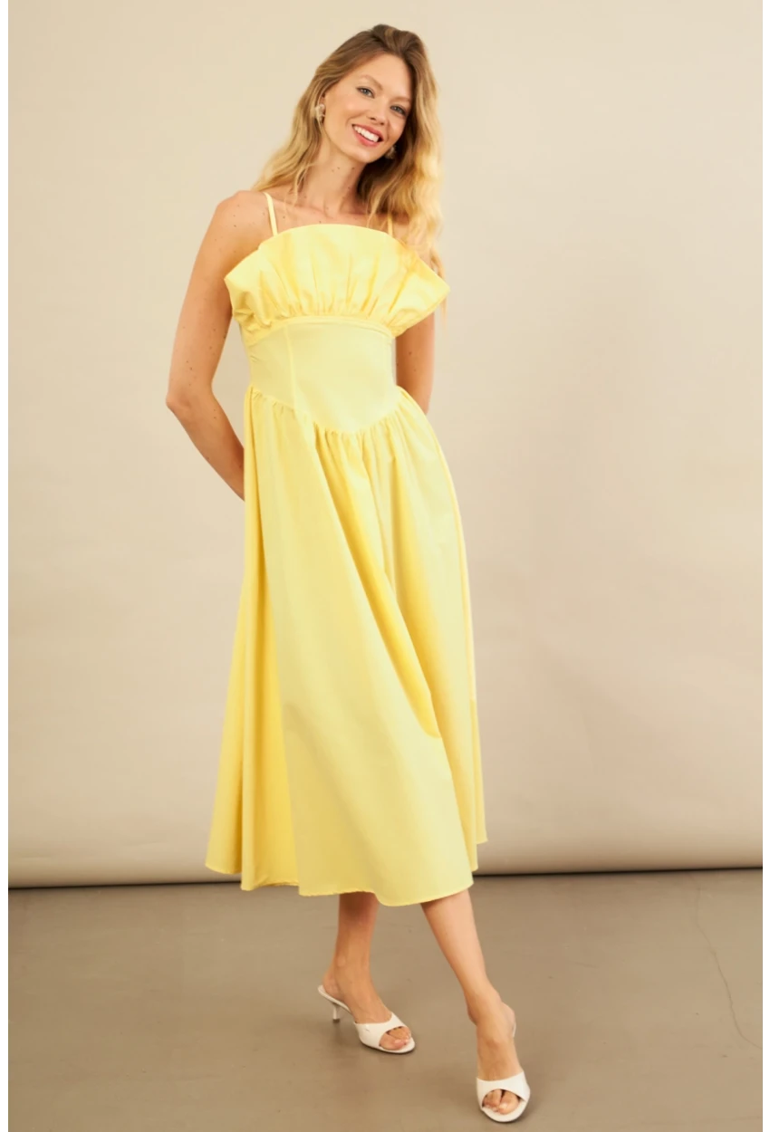 Kadın Sarı Volanlı Midi Elbise MİL4856