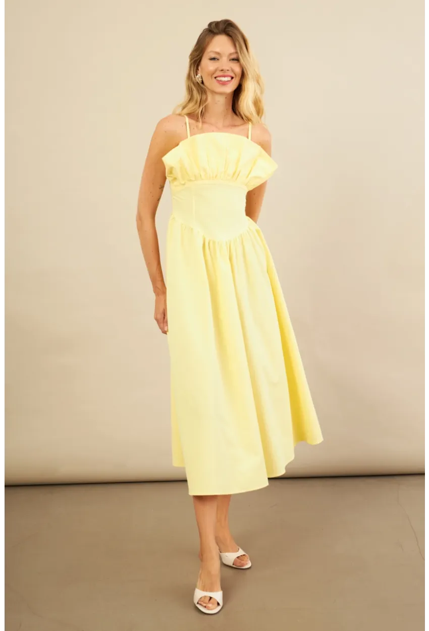Kadın Sarı Volanlı Midi Elbise MİL4856