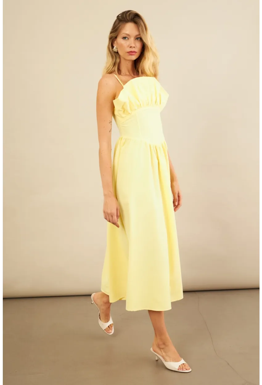 Kadın Sarı Volanlı Midi Elbise MİL4856