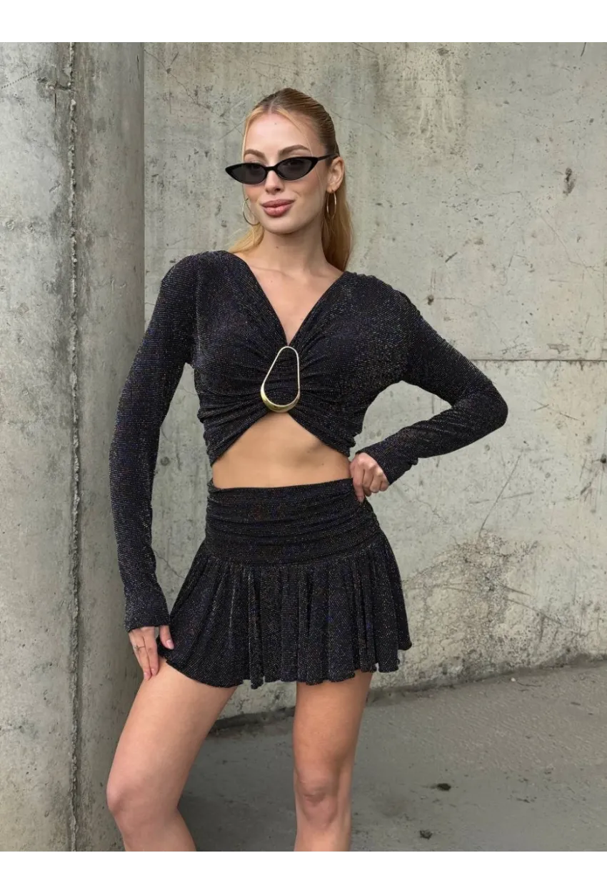 Kadın Simli Aksesuar Detay Crop Bluz