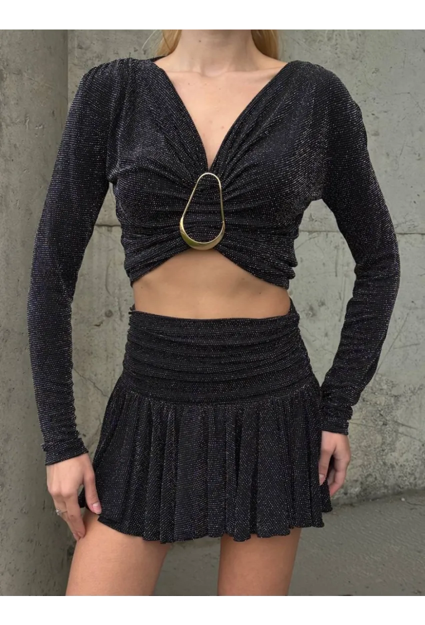 Kadın Simli Aksesuar Detay Crop Bluz