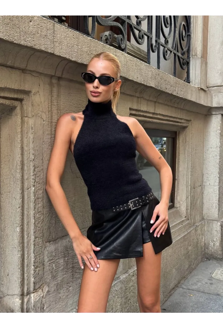 Kadın Sırt Açık Balıkçı Yaka Yumoş Crop Bluz