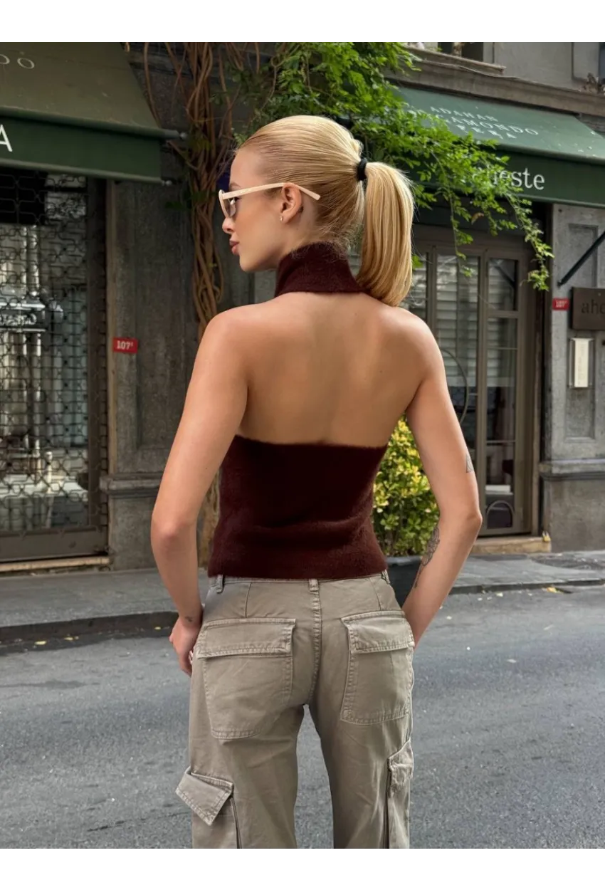 Kadın Sırt Açık Balıkçı Yaka Yumoş Crop Bluz