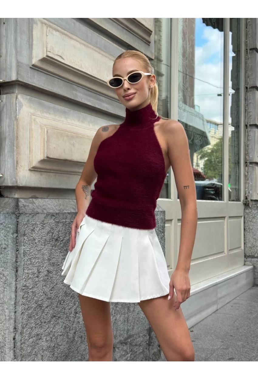 Kadın Sırt Açık Balıkçı Yaka Yumoş Crop Bluz