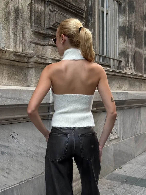 Kadın Sırt Açık Balıkçı Yaka Yumoş Crop Bluz