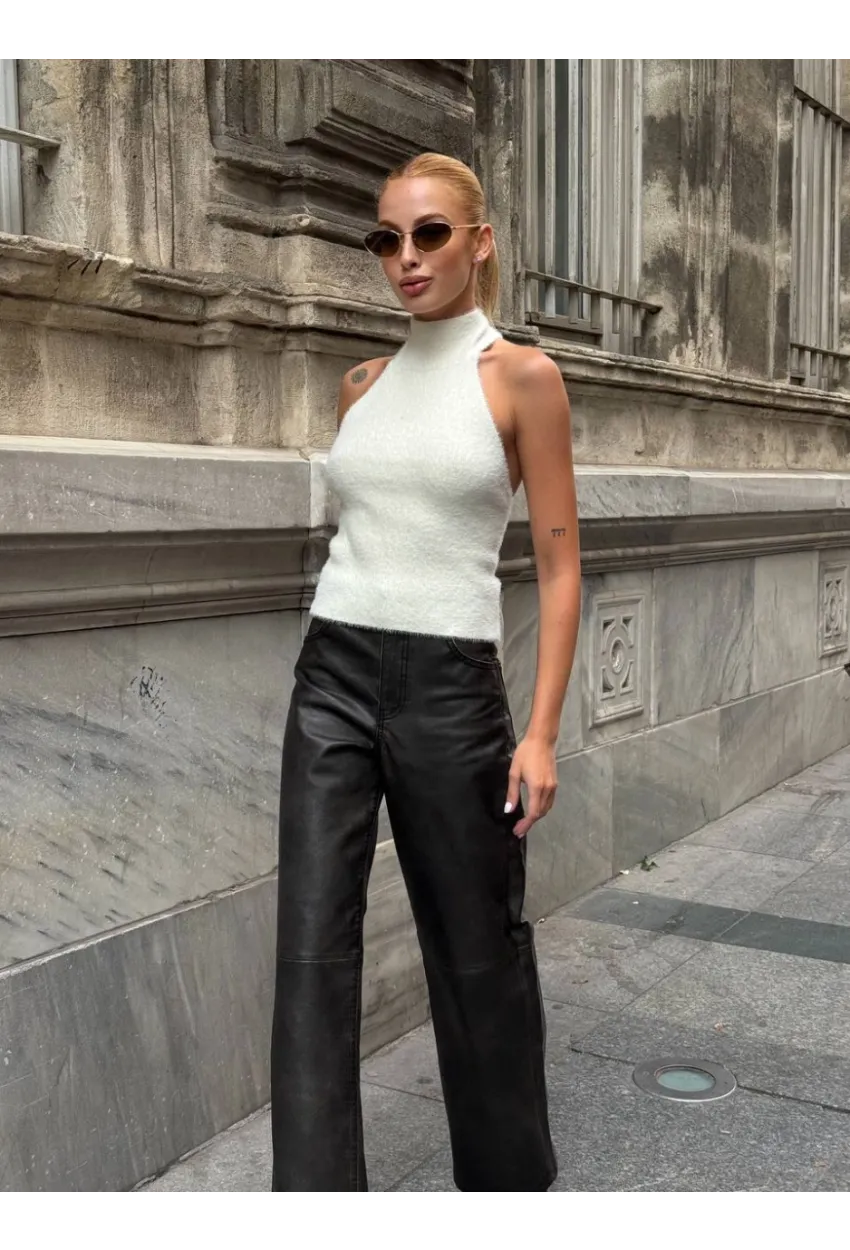 Kadın Sırt Açık Balıkçı Yaka Yumoş Crop Bluz