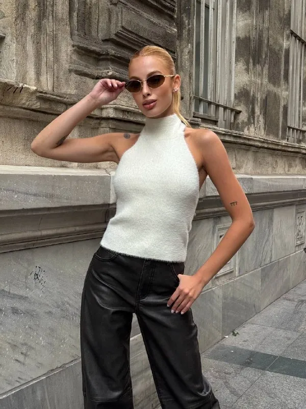 Kadın Sırt Açık Balıkçı Yaka Yumoş Crop Bluz