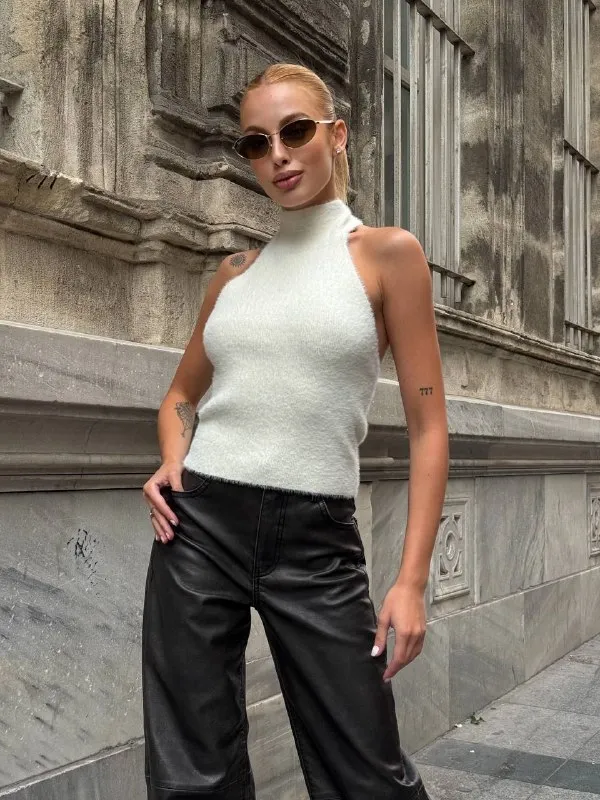 Kadın Sırt Açık Balıkçı Yaka Yumoş Crop Bluz