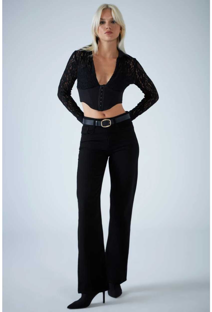 Kadın Siyah Agraflı Crop Bluz KM500