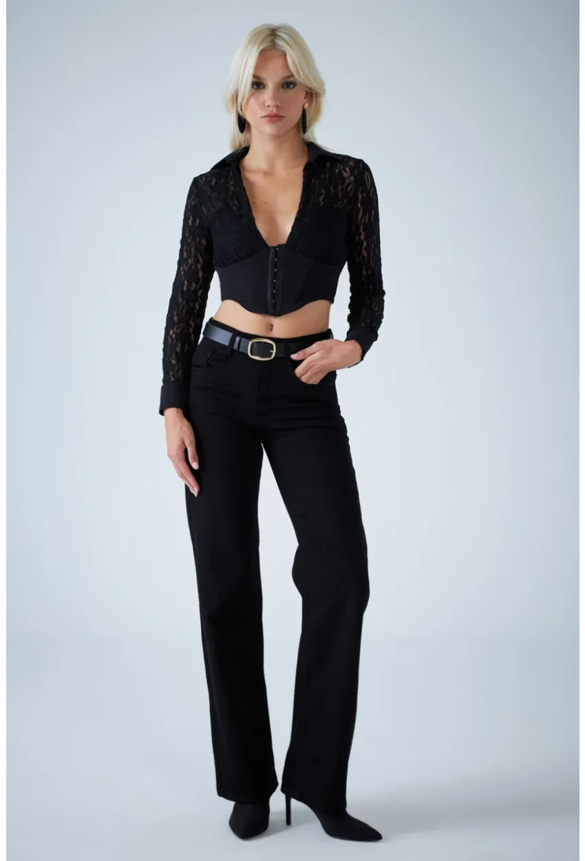 Kadın Siyah Agraflı Crop Bluz KM500