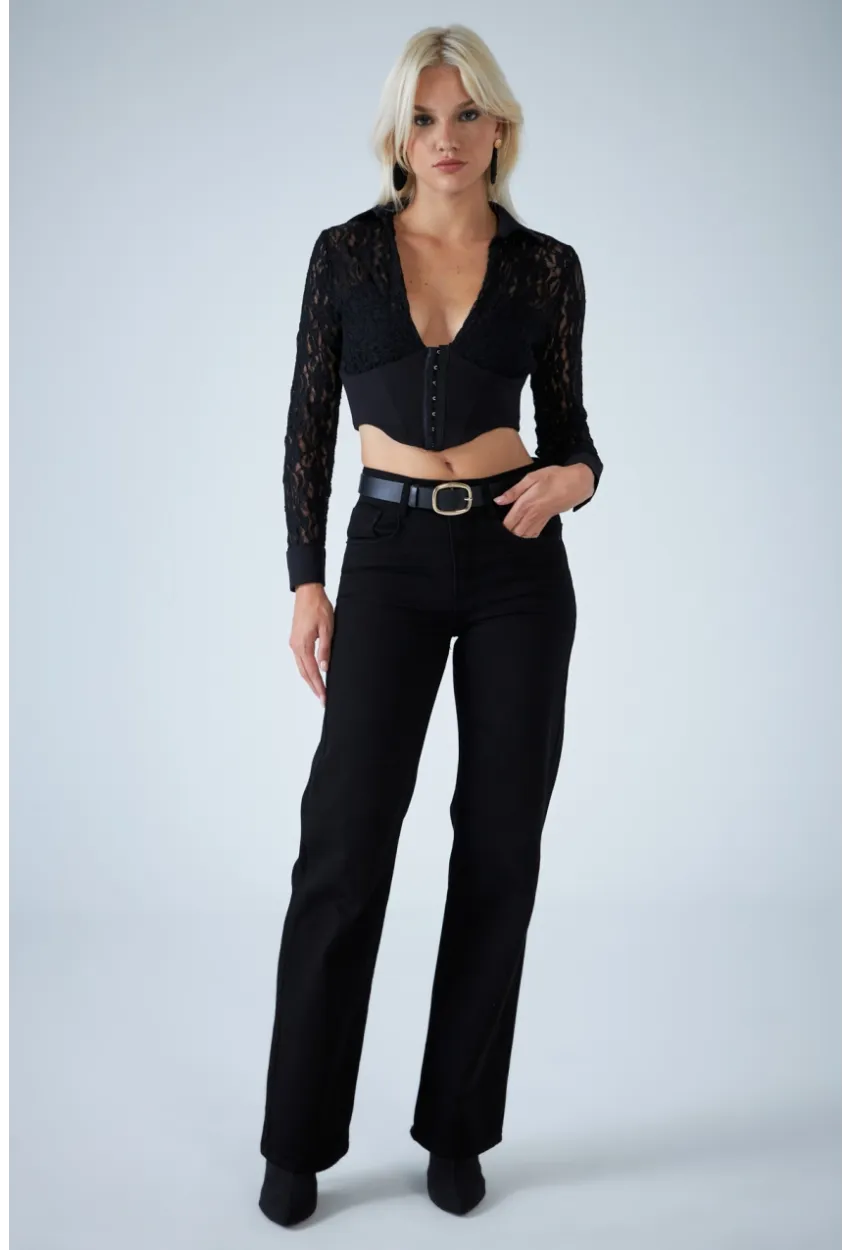 Kadın Siyah Agraflı Crop Bluz KM500