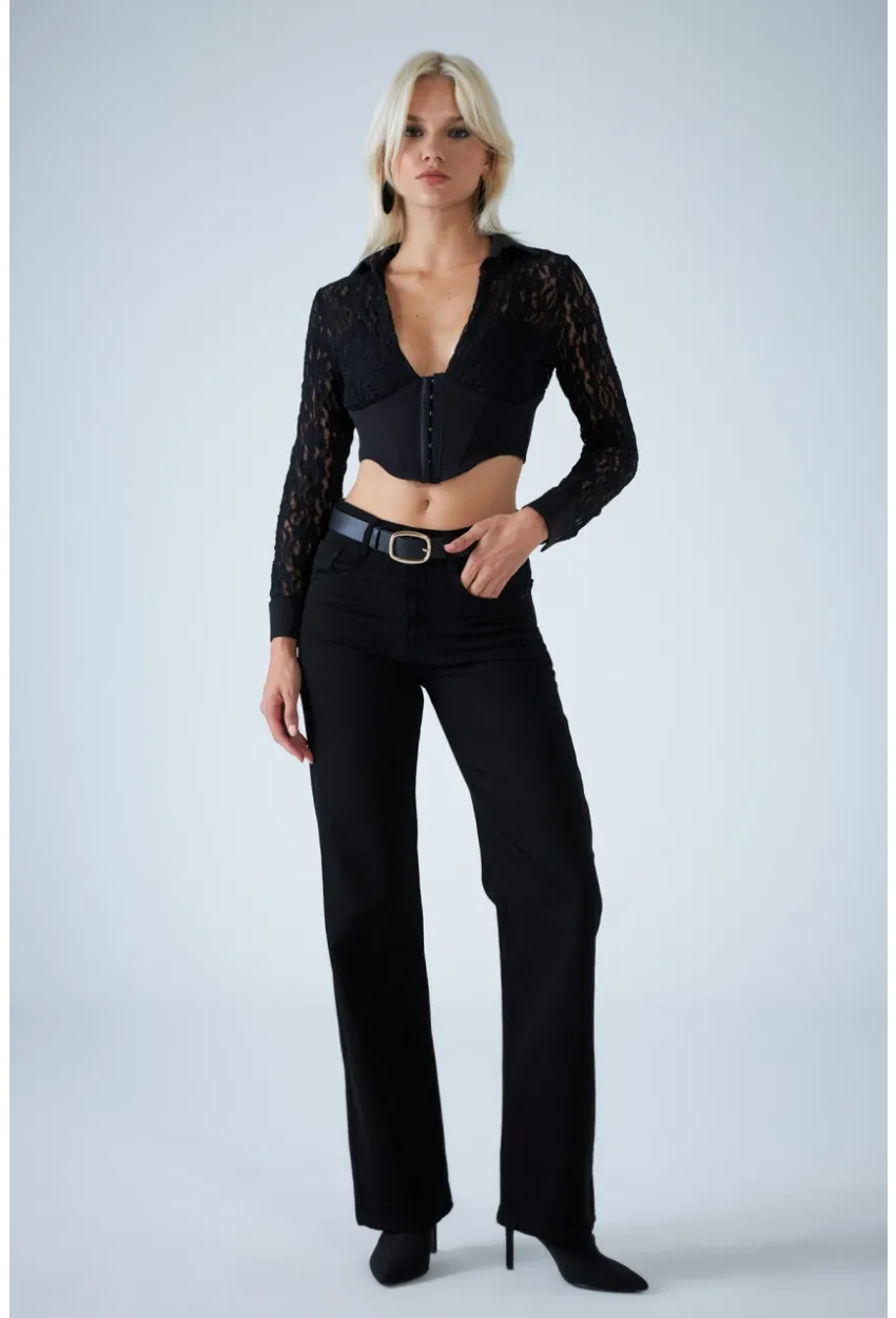 Kadın Siyah Agraflı Crop Bluz KM500