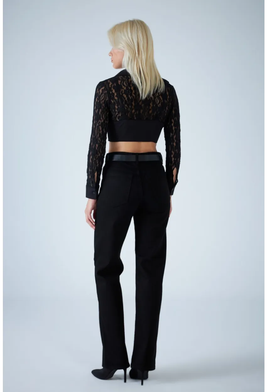 Kadın Siyah Agraflı Crop Bluz KM500