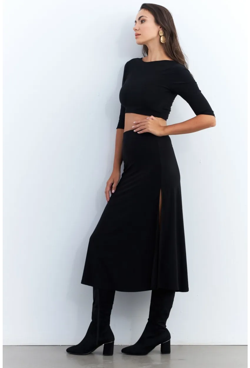 Kadın Siyah Alt Üst Crop Etek Takım ELT3844