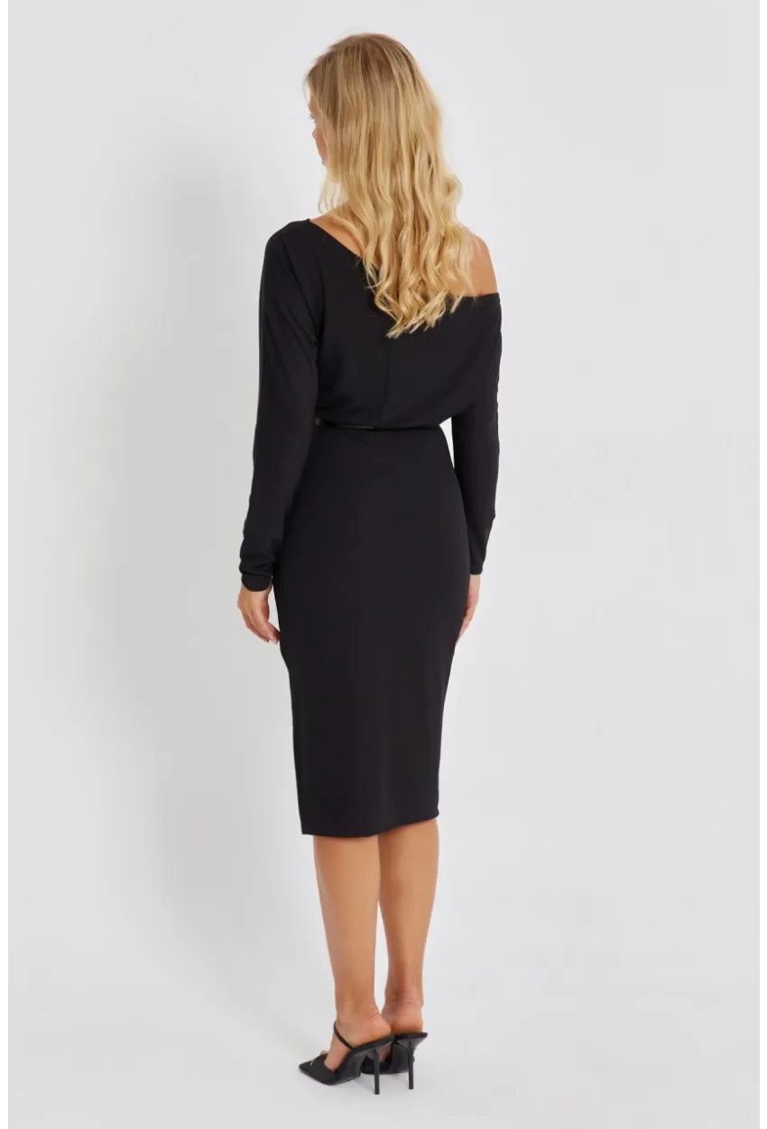 Kadın Siyah Asimetrik Yaka Kemerli Midi Elbise KED4043