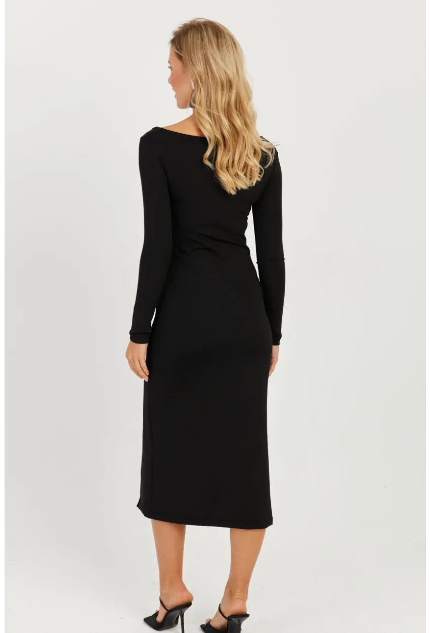 Kadın Siyah Asimetrik Yaka Yırtmaçlı Midi Elbise EY2708