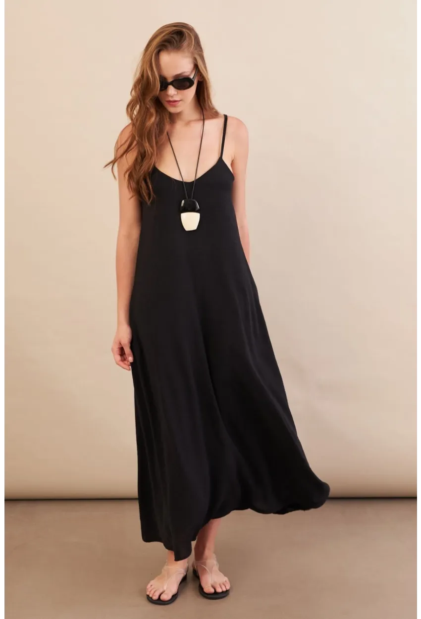 Kadın Siyah Askılı Çan Midaxi Elbise OPS9005